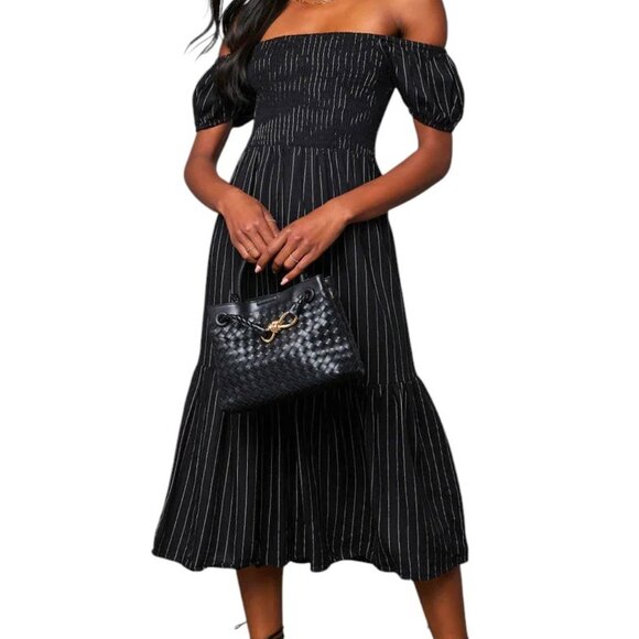 Harvest Moons Striped Midi Dress Small Black w/ White Stripes Jacquie the Label - Picture 1 of 7